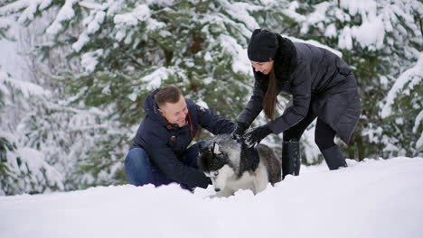Woman-and-man-play-with-dog-in-snow.